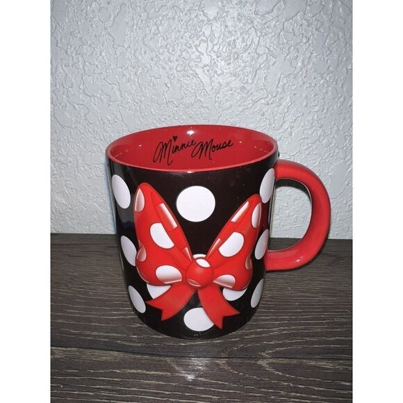 Disney Other - Disney Minnie Mouse Polka Dots Coffee Mug With 3D Red Bow Disney Parks